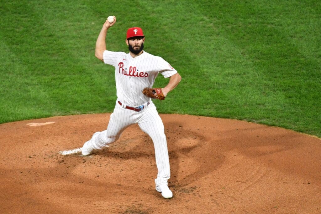 Sep 15, 2020; Philadelphia, Pennsylvania, USA; Philadelphia Phillies starting pitcher Jake Arrieta (49) throws a pitch during the second inning against the New York Mets at Citizens Bank Park.