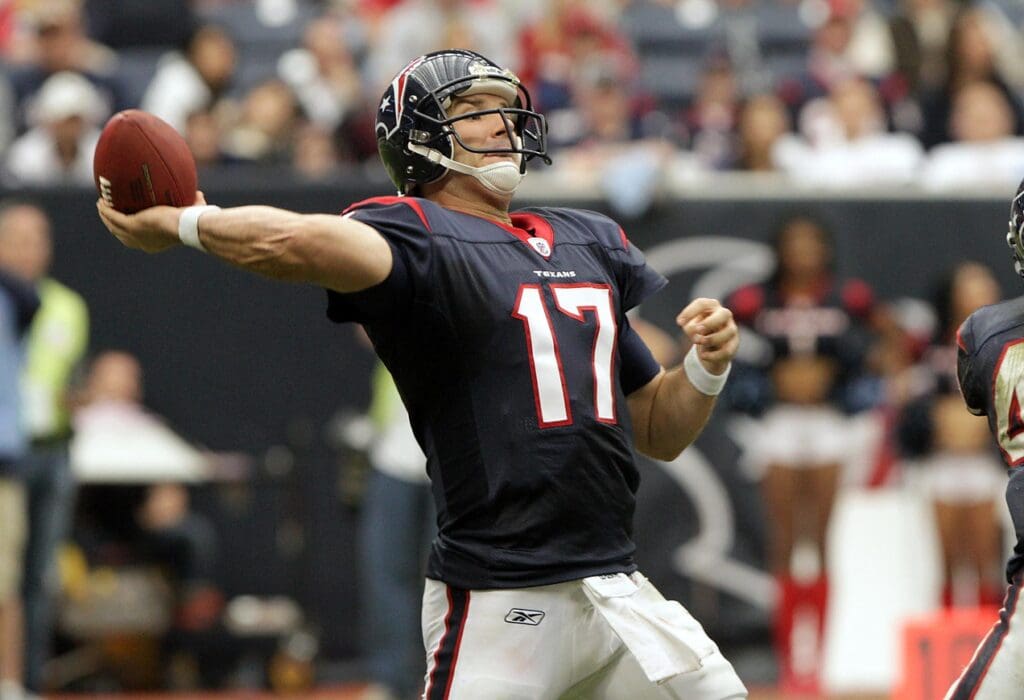 January 01, 2012; Houston, TX, USA; Houston Texans quarterback Jake Delhomme (17) throws a pass in the fourth quarter against the Tennessee Titans at Reliant Stadium. The Titans defeated the Texans 23-22.