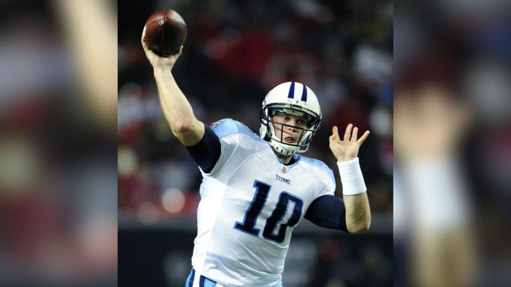 Tennessee Titans rookie quarterback Jake Locker (10) throws a pass against the Atlanta Falcons during action at the Georgia Dome in Atlanta, Ga., on Nov. 20, 2011