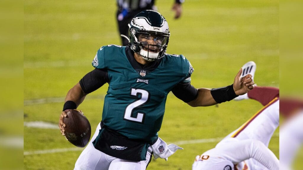 Jan 3, 2021; Philadelphia, Pennsylvania, USA; Philadelphia Eagles quarterback Jalen Hurts (2) in action against the Washington Football Team during the second quarter at Lincoln Financial Field.
