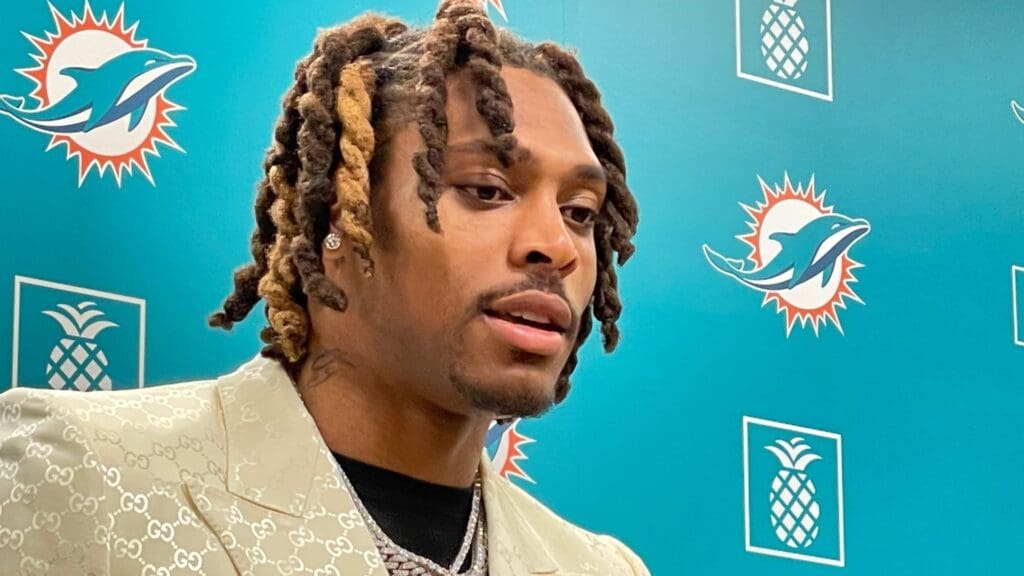 Dolphins cornerback Jalen Ramsey addresses reporters at the team facility Thursday. Img 9675