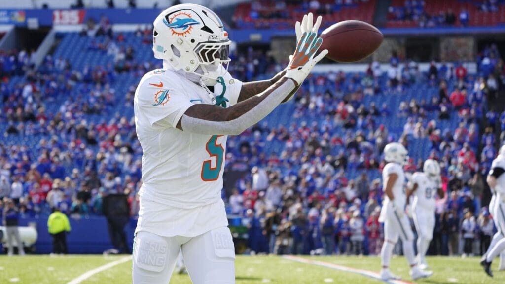 Nov 3, 2024; Orchard Park, New York, USA; Miami Dolphins cornerback Jalen Ramsey (5) warms up prior to the game against the Buffalo Bills at Highmark Stadium.