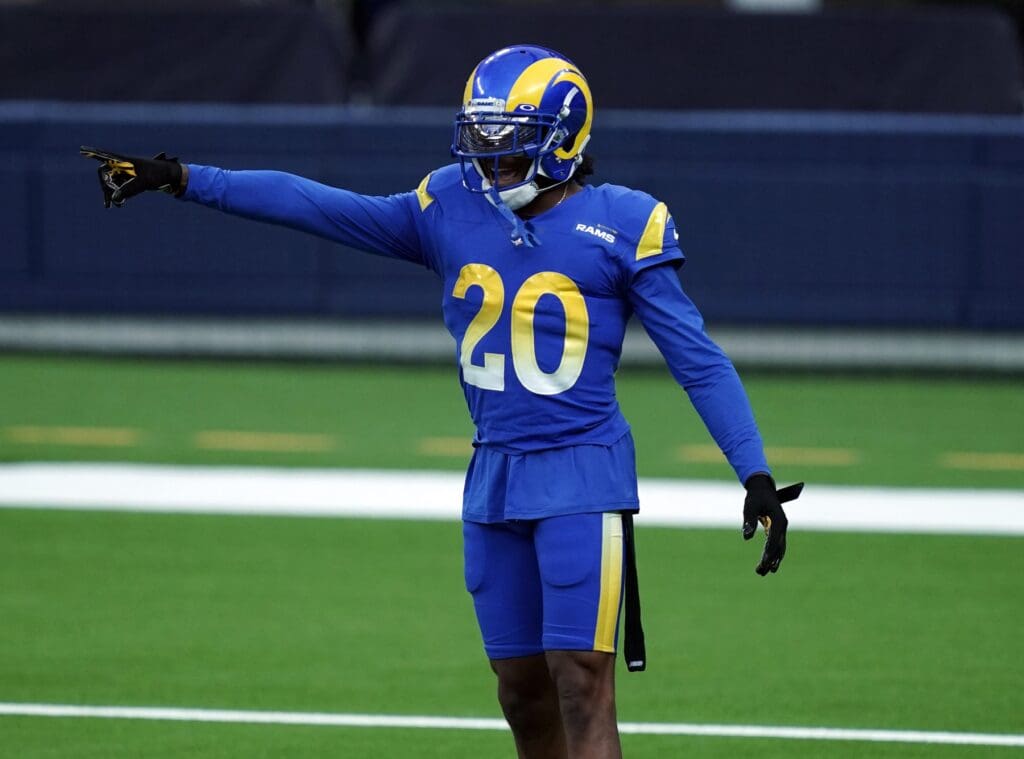 Aug 22, 2020; Inglewood California, USA; Los Angeles Rams cornerback Jalen Ramsey (20) during a scrimmage at SoFi Stadium.