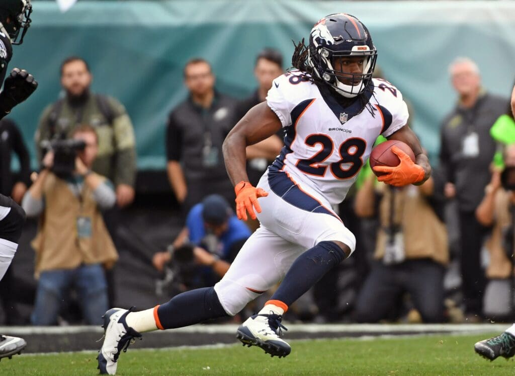 Nov 5, 2017; Philadelphia, PA, USA; Denver Broncos running back Jamaal Charles (28) carries the football against the Philadelphia Eagles at Lincoln Financial Field.