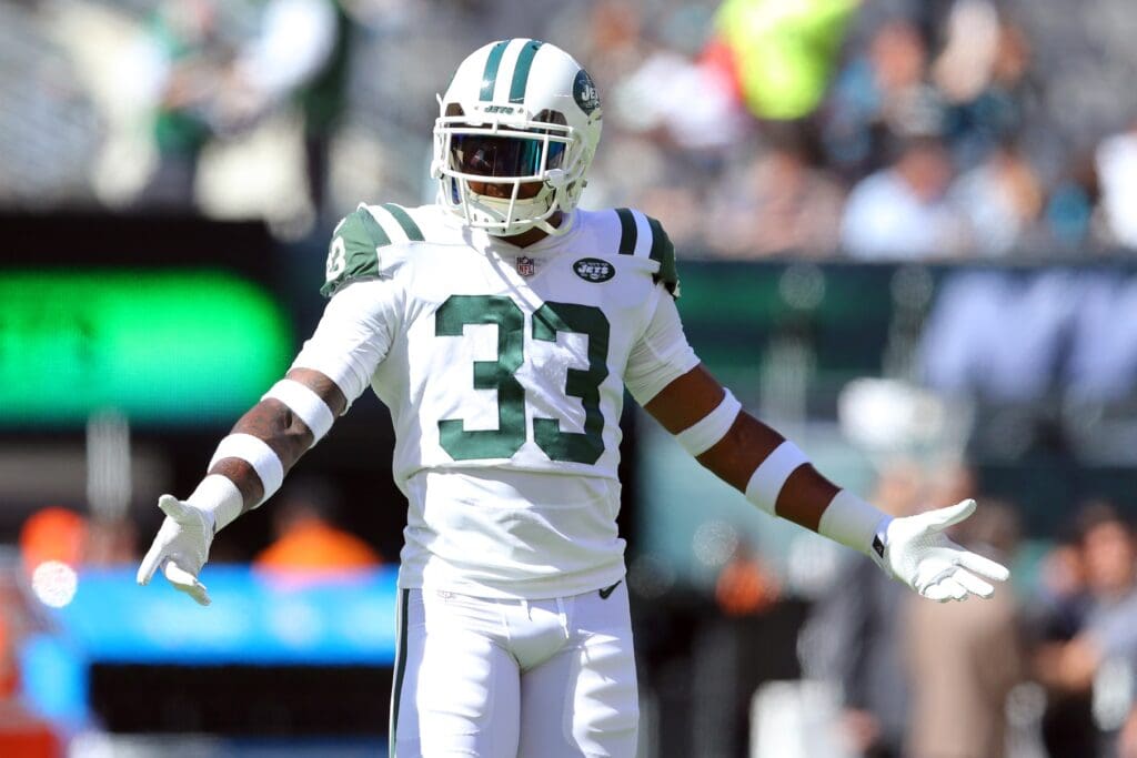 Oct 1, 2017; East Rutherford, NJ, USA; New York Jets safety Jamal Adams (33) dances during warmups before a game against the Jacksonville Jaguars at MetLife Stadium.