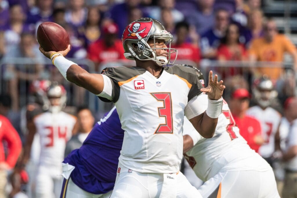 Sep 24, 2017; Minneapolis, MN, USA; Tampa Bay Buccaneers quarterback Jameis Winston (3) throws during the first quarter against the Minnesota Vikings at U.S. Bank Stadium.