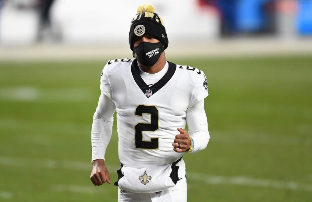 Nov 29, 2020; Denver, Colorado, USA; New Orleans Saints quarterback Jameis Winston (2) following the win over the Denver Broncos at Empower Field at Mile High.