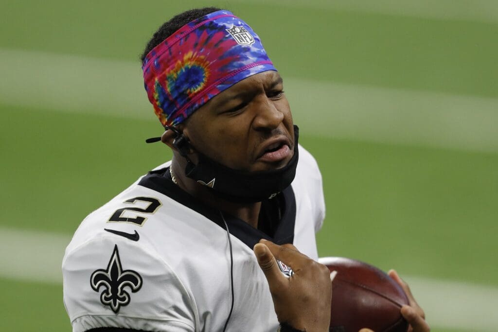Oct 4, 2020; Detroit, Michigan, USA; New Orleans Saints quarterback Jameis Winston (2) talks to his teammates during the first quarter against the Detroit Lions at Ford Field.