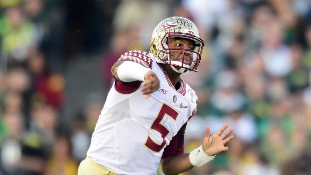 Jan 1, 2015; Pasadena, CA, USA; Florida State Seminoles quarterback Jameis Winston (5) passes the ball during the second half of the 2015 Rose Bowl college football game against the Oregon Ducks at Rose Bowl.