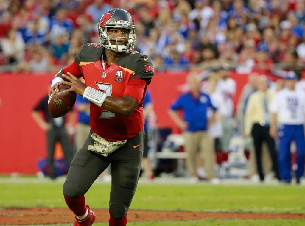 Nov 8, 2015; Tampa, FL, USA;Tampa Bay Buccaneers quarterback Jameis Winston (3) runs out of the pocket against the New York Giants during the second quarter at Raymond James Stadium.
