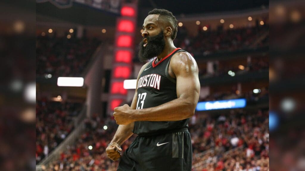 Apr 15, 2018; Houston, TX, USA; Houston Rockets guard James Harden (13) reacts after a play in game one of the first round of the 2018 NBA Playoffs against the Minnesota Timberwolves at Toyota Center.