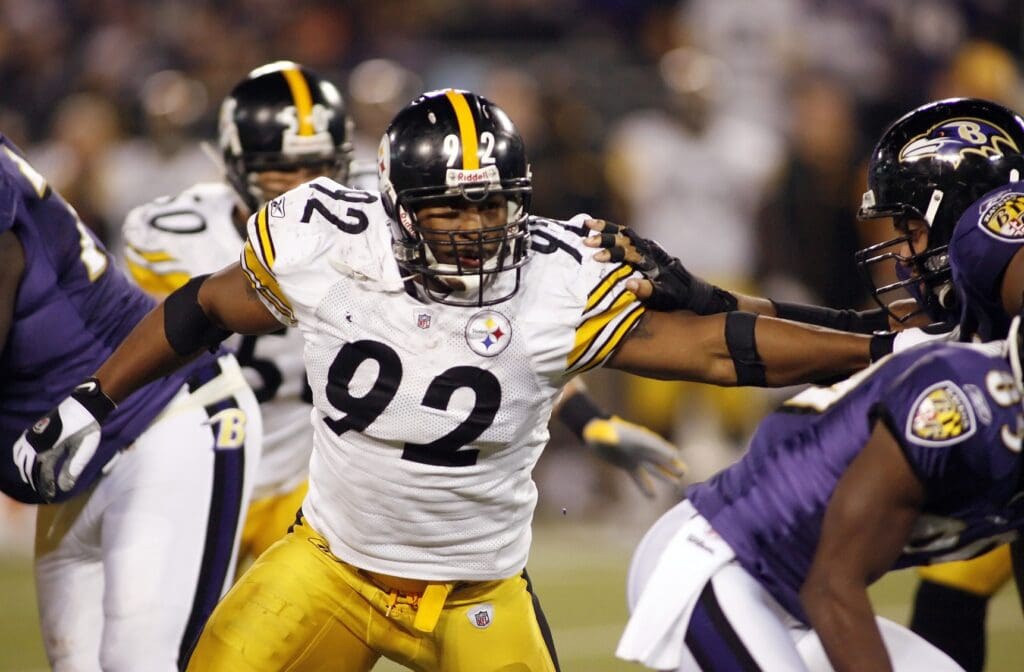 December 14, 2008; Baltimore, MD, USA; Pittsburgh Steelers linebacker James Harrison (92) chases the play against the Baltimore Ravens in the fourth quarter at M&T Bank Stadium. The Steelers won 13-9.