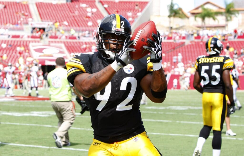 September 26, 2010; Tampa, FL, USA; Pittsburgh Steelers linebacker James Harrison (92) during pregame against the Tampa Bay Buccaneers at Raymond James Stadium.