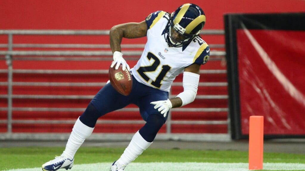 Nov. 25, 2012; Glendale, AZ, USA: St. Louis Rams cornerback (21) Janoris Jenkins celebrates after returning an interception for a touchdown against the Arizona Cardinals at University of Phoenix Stadium