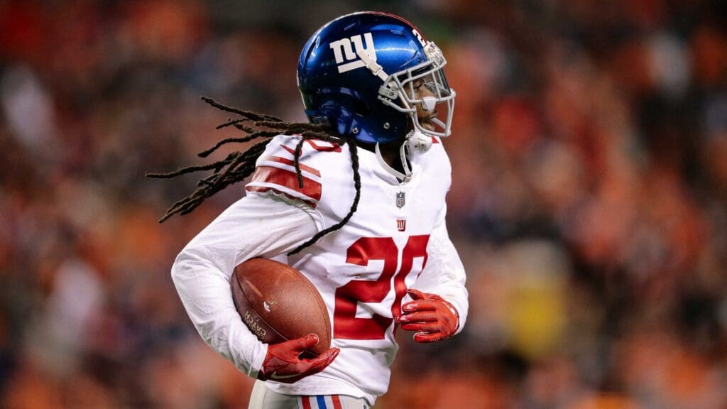 Oct 15, 2017; Denver, CO, USA; New York Giants cornerback Janoris Jenkins (20) in the second quarter against the Denver Broncos at Sports Authority Field at Mile High.
