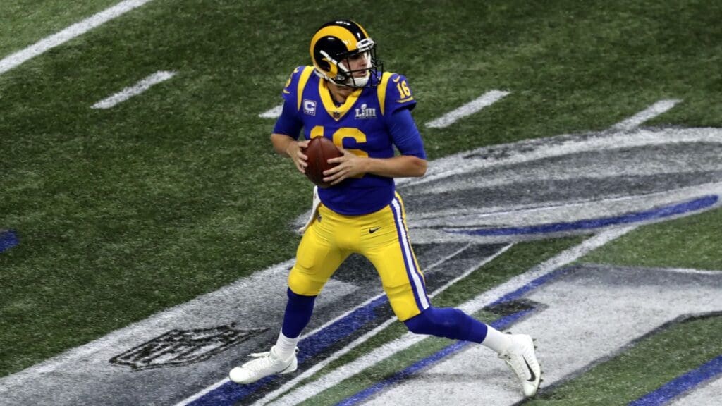 Los Angeles Rams quarterback Jared Goff (16) throws a pass during the game against the New England Patriots in Super Bowl LIII at Mercedes-Benz Stadium.