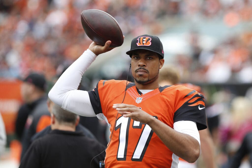Oct 12, 2014; Cincinnati, OH, USA; Cincinnati Bengals quarterback Jason Campbell (17) against the Carolina Panthers at Paul Brown Stadium. The Bengals and the Panthers tie in overtime 37-37.