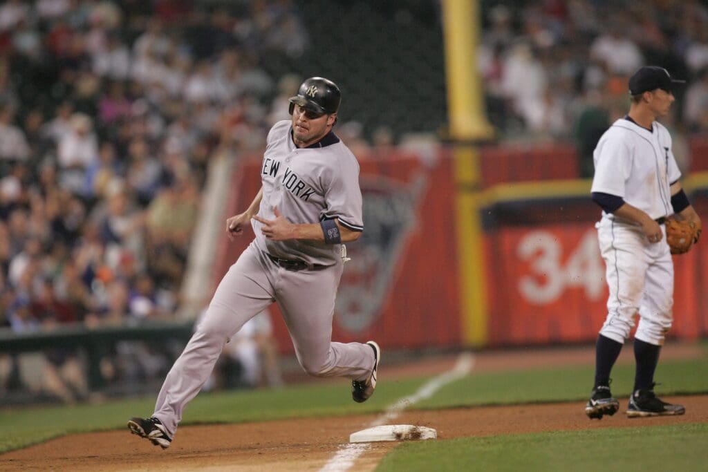 May 31, 2006; Detroit, MI, USA; New York Yankees designated hitter (25) Jason Giambi scores from first base on a triple by Alex Rodriguez(not pictured) in the 8th inning in their game against the Detroit Tigers at Comerica Park.