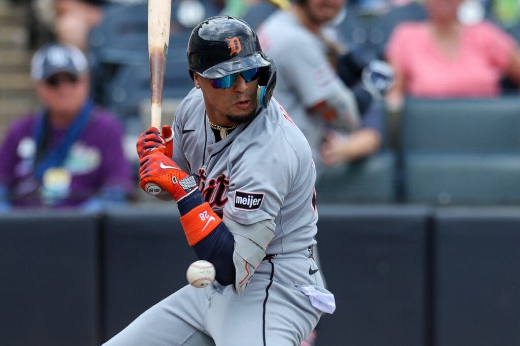 Jun 21, 2025; Tampa, Florida, USA; Detroit Tigers shortstop Javier Baez (28) is hit by a pitch against the Tampa Bay Rays in the fourth inning at George M. Steinbrenner Field.