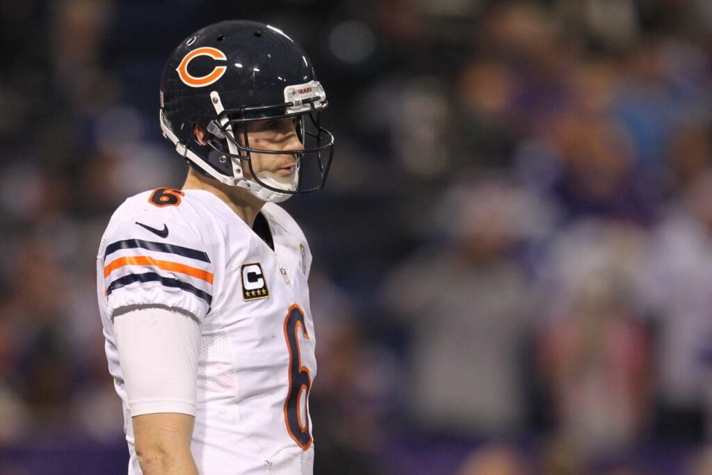 Dec 9, 2012; Minneapolis, MN, USA; Chicago Bears quarterback Jay Cutler (6) against the Minnesota Vikings at the Metrodome. The Vikings defeated the Bears 21-14.