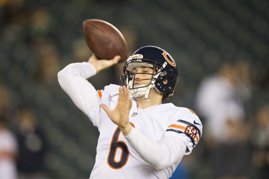 Dec 22, 2013; Philadelphia, PA, USA; Chicago Bears quarterback Jay Cutler (6) throws a pass during pre game at Lincoln Financial Field.
