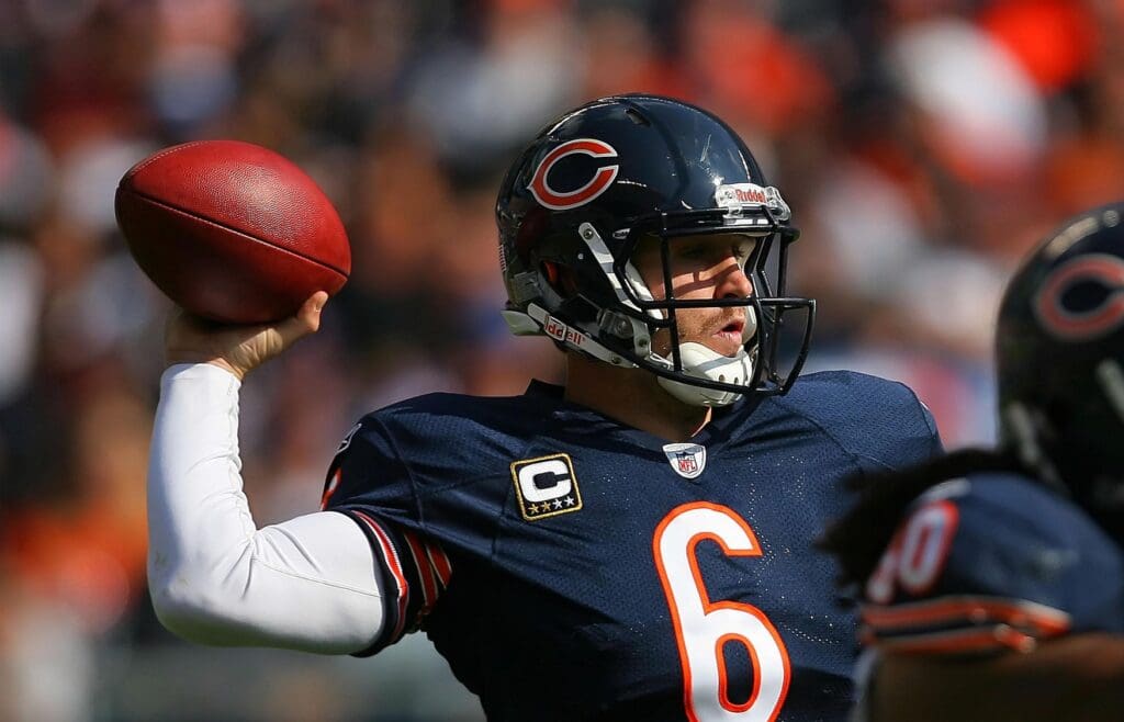Oct. 24, 2010; Chicago, IL, USA; Chicago Bears quarterback Jay Cutler (6) passes the ball during the second quarter against the Washington Redskins at Soldier Field.