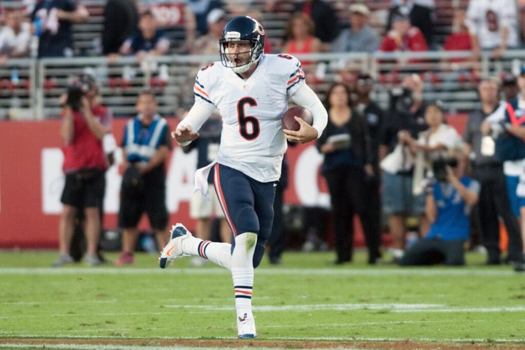 Sep 14, 2014; Santa Clara, CA, USA; Chicago Bears quarterback Jay Cutler (6) runs with the ball against the San Francisco 49ers during the second quarter at Levi's Stadium.