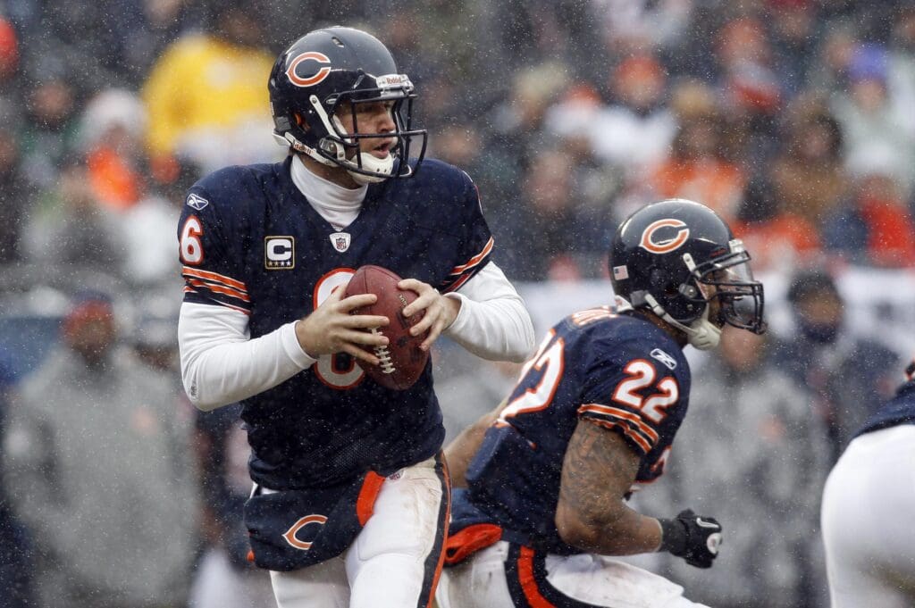 Dec 26, 2010; Chicago, IL, USA; Chicago Bears quarterback Jay Cutler (6) drops back to pass during the first half against the New York Jets at Soldier Field.