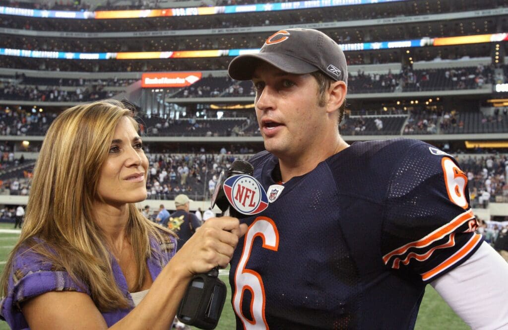 Sep 19, 2010; Arlington, TX, USA; Chicago Bears quarterback Jay Cutler (6) is interviewed by NFL network reporter Kara Hendeson against the Dallas Cowboys at Cowboys Stadium. The Bears beat the Bears 27-20.