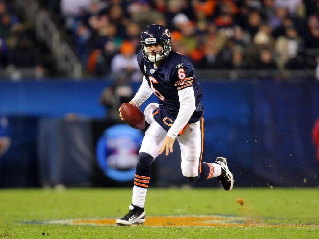 Nov 20, 2011; Chicago, IL, USA; Chicago Bears quarterback Jay Cutler (6) runs with the ball during the second half against the San Diego Chargers at Soldier Field. The Bears defeated the Chargers 31-20.