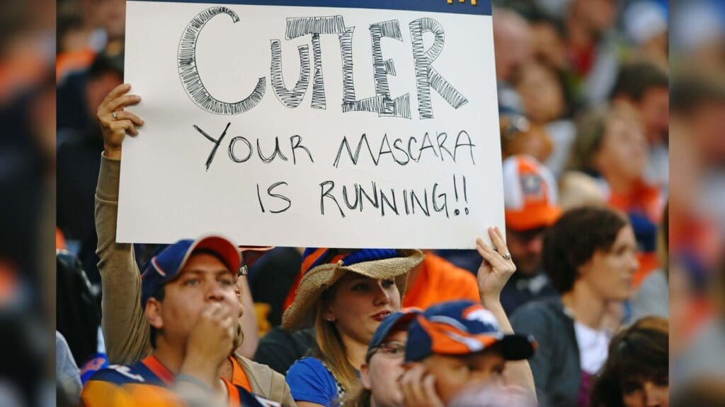 August 30, 2009; Englewood, CO, USA; Fans hold a sign for Chicago Bears quarterback Jay Cutler (not pictured) in the first half against the Denver Broncos at Invesco Field.
