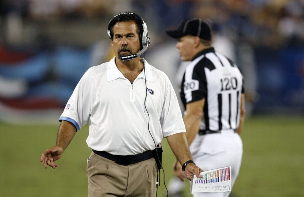 August 11, 2007; Nashville, TN, USA; Tennessee Titans head coach Jeff Fisher talks into his headset during the third quarter of the game against the Washington Redskins at LP Field. The Redskins defeated the Titans 14 to 6.