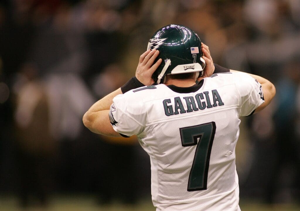Jan. 13, 2007; New Orleans, LA, USA; Philadelphia Eagles quarterback Jeff Garcia (7) tries to hear a play call against the New Orleans Saints during the 1st quarter of action in the NFC Divisional Playoff game at the Louisiana Superdome in New Orleans, Louisiana.