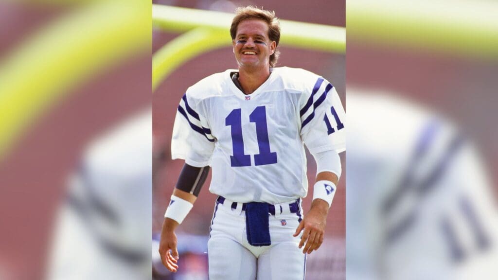 Sep 15, 1991; Los Angeles, CA, USA; FILE PHOTO; Indianapolis Colts quarterback Jeff George (11) on the field prior to a game against the Los Angeles Raiders at Los Angeles Memorial Coliseum.