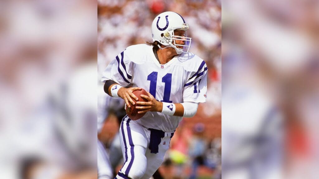 Sep 15, 1991; Los Angeles, CA, USA; FILE PHOTO; Indianapolis Colts quarterback Jeff George (11) in action against the Los Angeles Raiders at Los Angeles Memorial Coliseum.
