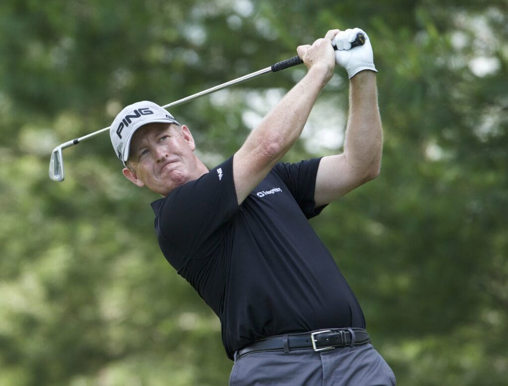 Jun 19, 2014; Cromwell, CT, USA; Jeff Maggert tees off on the eight hole during the first round of the Travelers Championship at TPC River Highlands