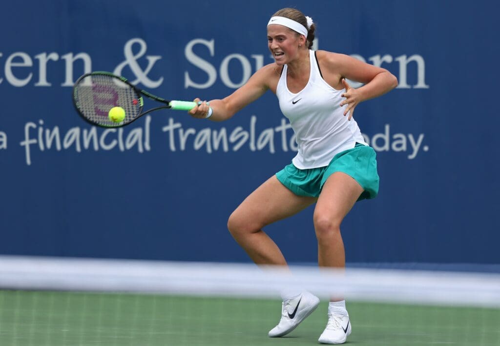 Aug 16, 2016; Mason, OH, USA; Jelena Ostapenko (LAT) returns a shot against Karolina Pliskova (CZE) on day four during the Western and Southern tennis tournament at Linder Family Tennis Center.