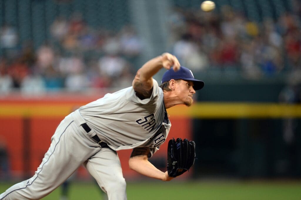 Apr 27, 2017; Phoenix, AZ, USA; San Diego Padres starting pitcher Jered Weaver (27) pitches against the Arizona Diamondbacks during the first inning at Chase Field.