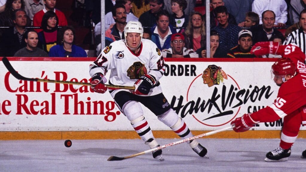Unknown Date, 1992; Chicago, IL, USA; FILE PHOTO; Chicago Blackhawks center Jeremy Roenick (27) in action against Detroit Red Wings center Mike Sillinger (15) at Chicago Stadium.
