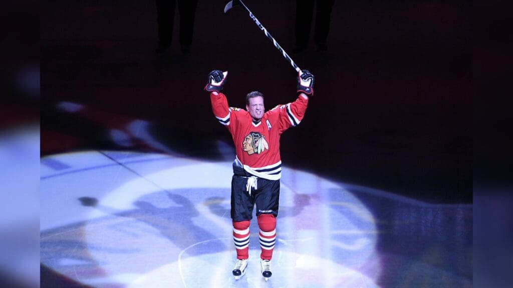 Jan 22, 2017; Chicago, IL, USA; Former Chicago Blackhawks and NHL star Jeremy Roenick acknowledges the crowd after being honored before the game between the Chicago Blackhawks and the Vancouver Canucks at the United Center.