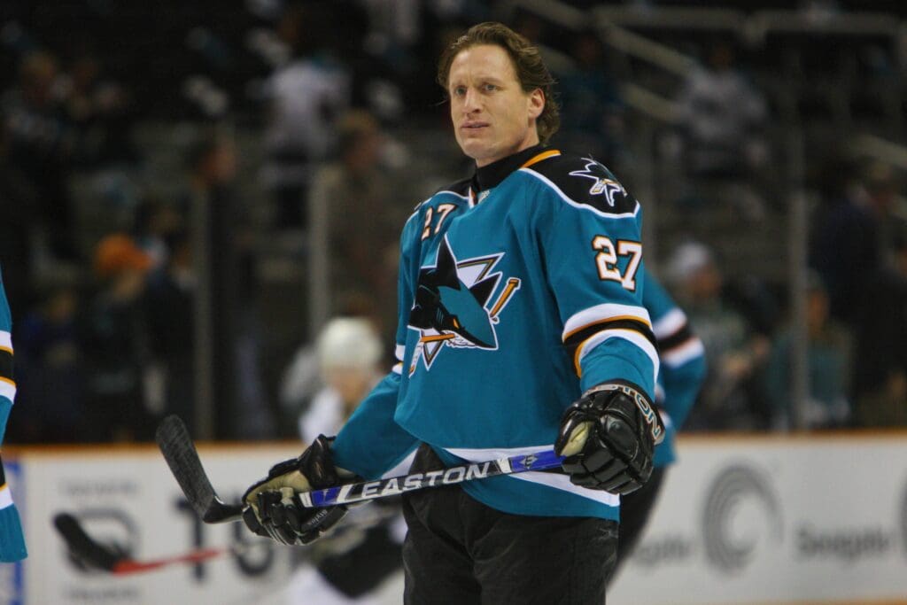Jan. 17, 2008; San Jose, CA, USA; San Jose Sharks center Jeremy Roenick (27) before the game against the Dallas Stars at HP Pavilion in San Jose, CA. The Stars defeated the Sharks 4-2.