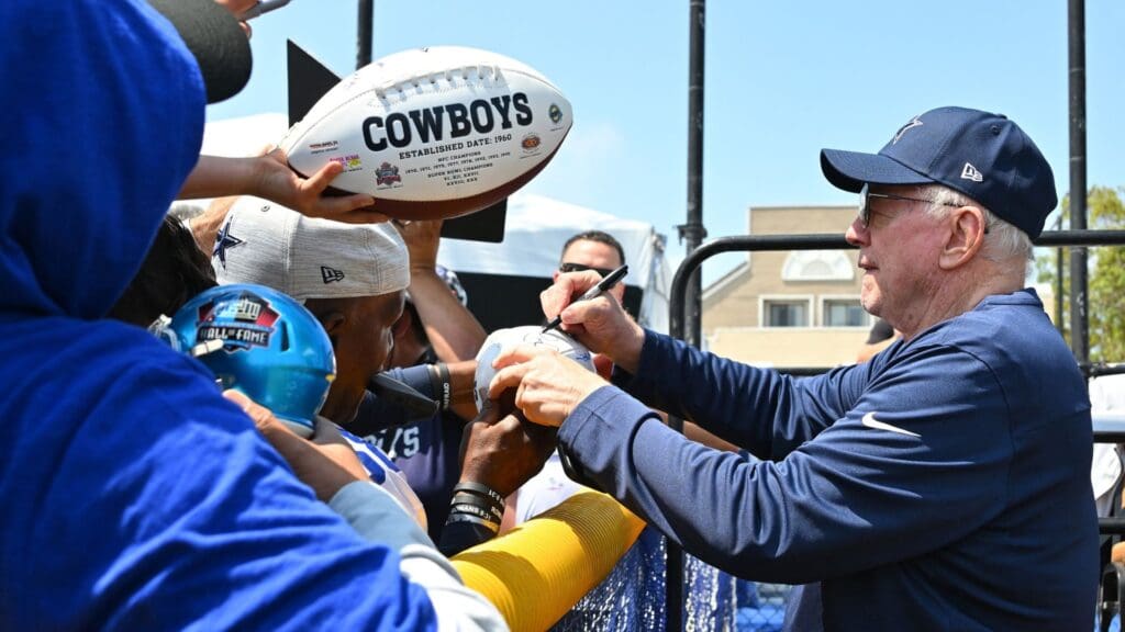 Jul 28, 2022; Oxnard, CA, USA; Owner of the Dallas Cowboys Jerry Jones talks with fans and signs autographs at training camp at River Ridge Fields in Oxnard, CA.