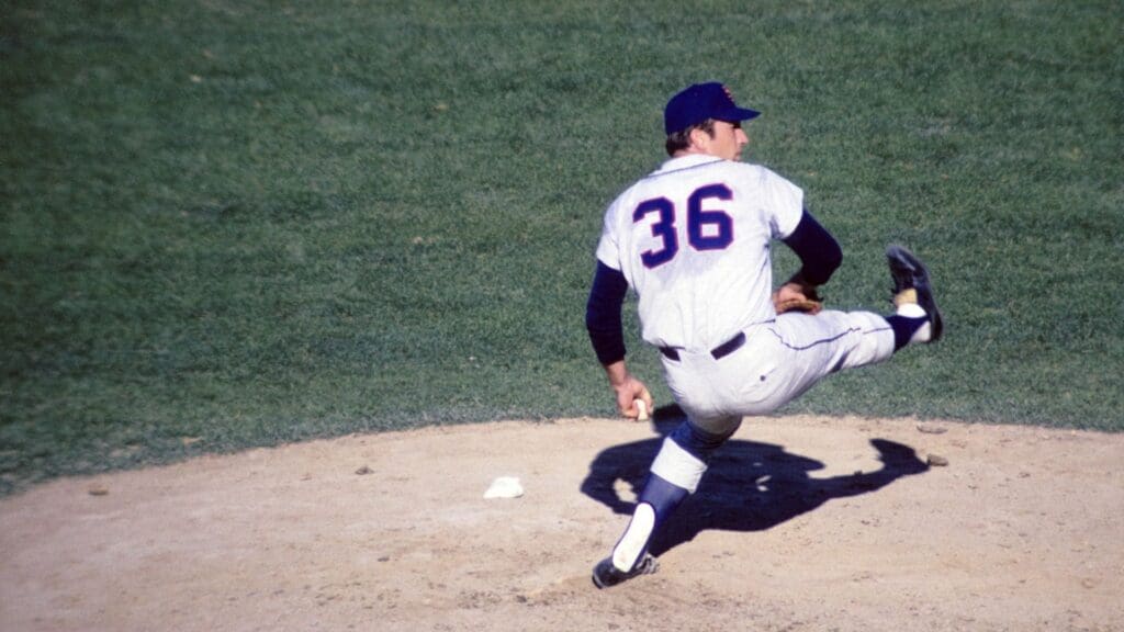 Oct 12, 1969; Baltimore, MD, USA; FILE PHOTO; New York Mets pitcher Jerry Koosman (36) in action against the the Baltimore Orioles during game 2 of the 1969 World Series at Memorial Stadium. The Mets defeated the Orioles 2-1.