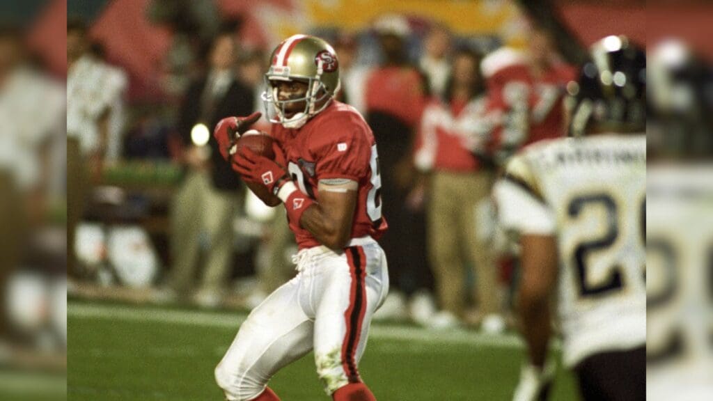Jan 29, 1995; Miami, FL, USA; FILE PHOTO; San Francisco 49ers receiver Jerry Rice (80) in action against the San Diego Chargers during Super Bowl XXIX at Joe Robbie Stadium. San Francisco defeated San Diego 49-26.