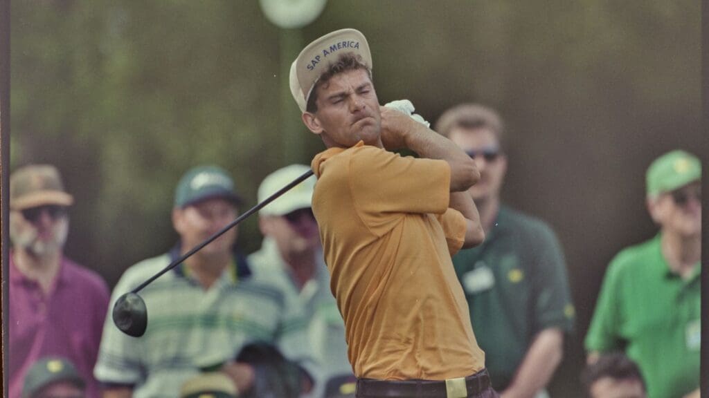 04/13/1997; Augusta, Georgia, USA; Jesper Parnevik watches the ball in flight after teeing off at the Augusta National Golf Course during the 1997 Masters.
