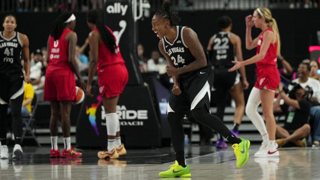 Jun 22, 2025; Las Vegas, Nevada, USA; Las Vegas Aces guard Jewell Loyd (24) reacts to a play during the second half of a WNBA basketball game against the Indiana Fever at T-Mobile Arena.
