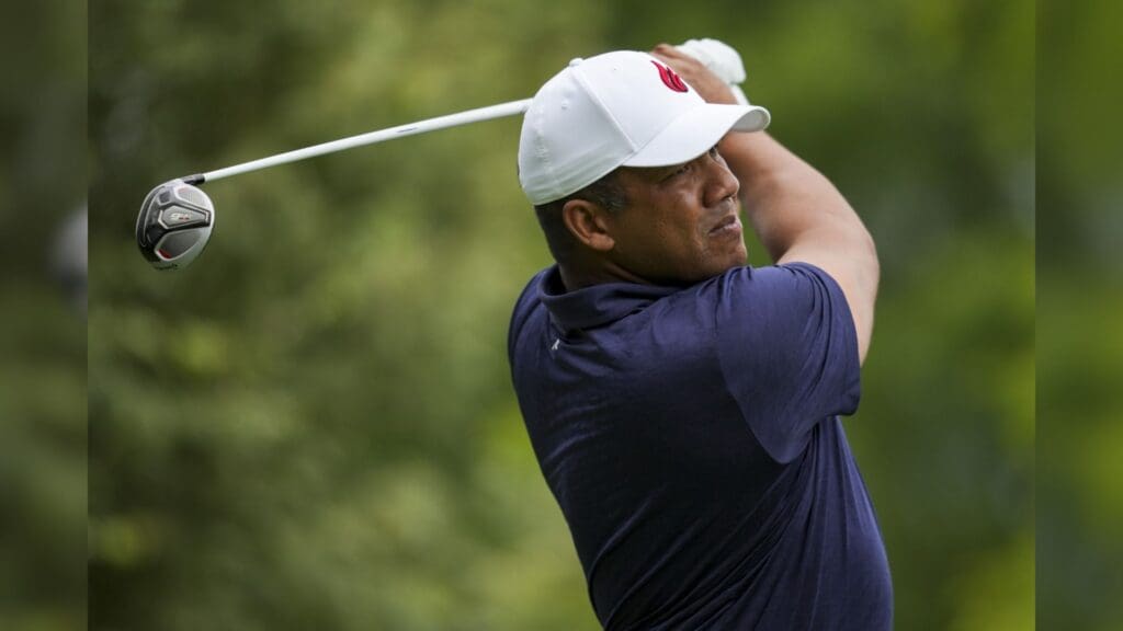 May 29, 2025; Dublin, Ohio, USA; Jhonattan Vegas plays his shot from the second tee during the first round of the Memorial Tournament presented by Workday golf tournament.