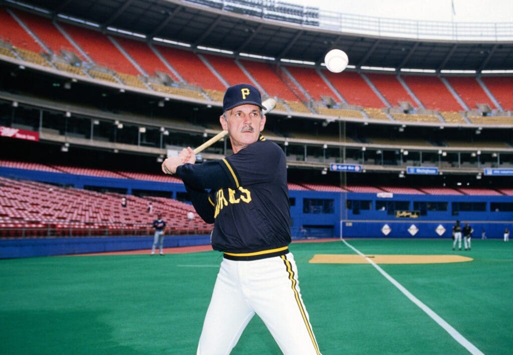 1990; Pittsburgh, PA, USA; FILE PHOTO; Pittsburgh Pirates manager Jim Leyland hits ground balls on the field prior to a game at Three Rivers Stadium during the 1990 season.