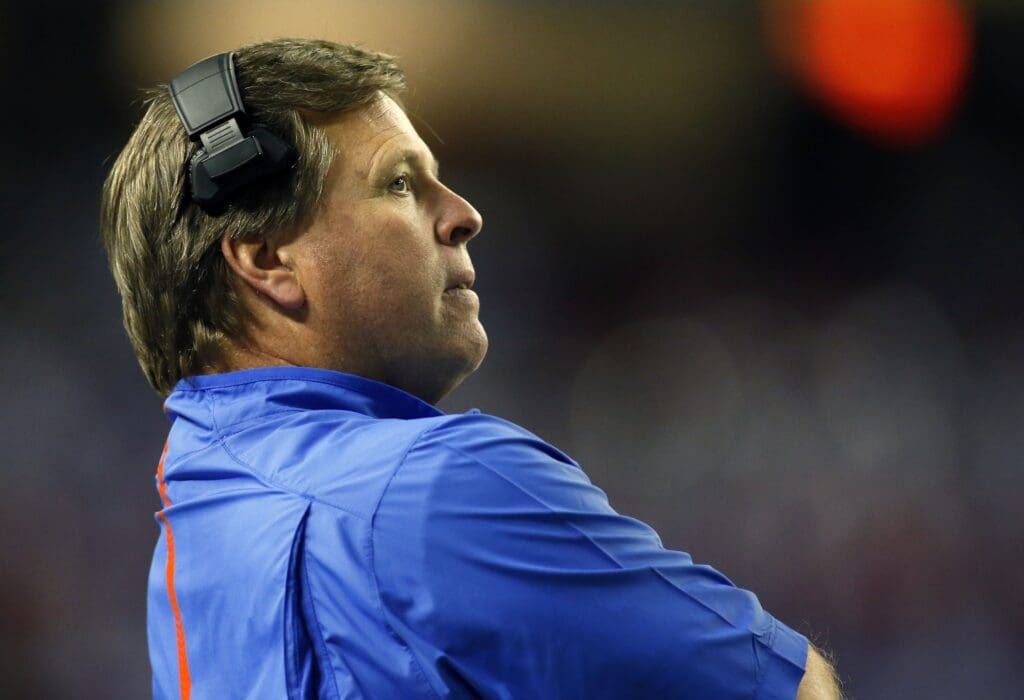 Dec 5, 2015; Atlanta, GA, USA; Florida Gators head coach Jim McElwain reacts on the sideline against the Alabama Crimson Tide during the second quarter in the 2015 SEC Championship Game at the Georgia Dome.