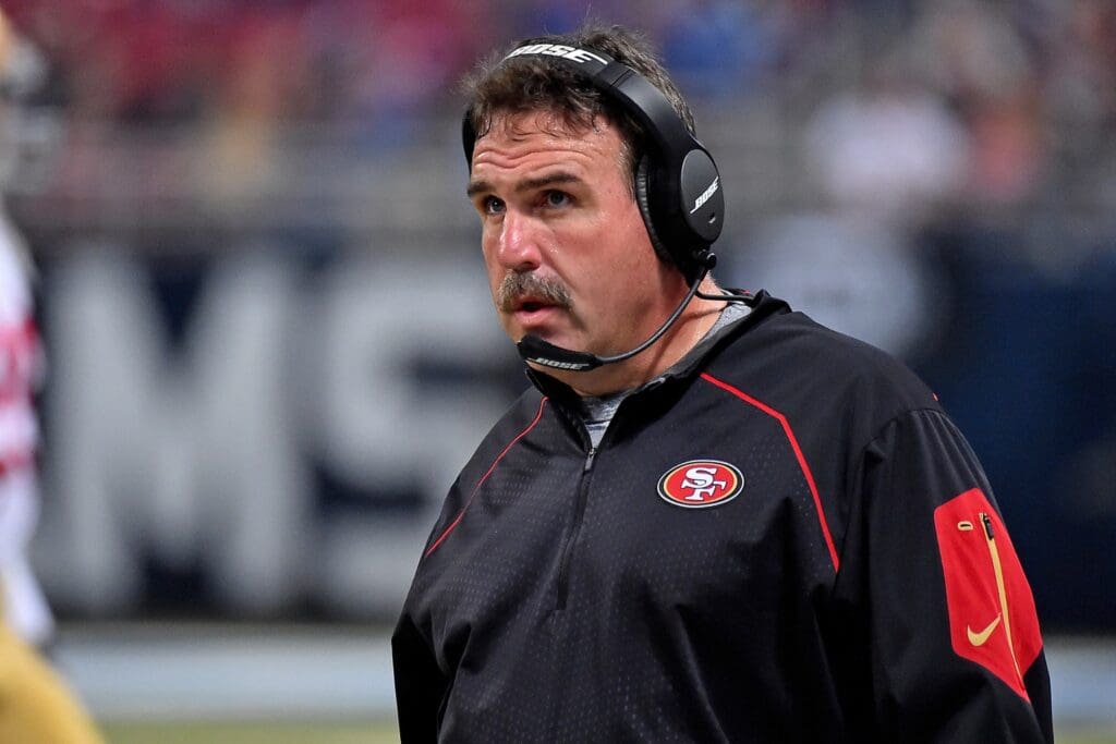 Nov 1, 2015; St. Louis, MO, USA; San Francisco 49ers head coach Jim Tomsula looks on against the St. Louis Rams during the first half at the Edward Jones Dome.